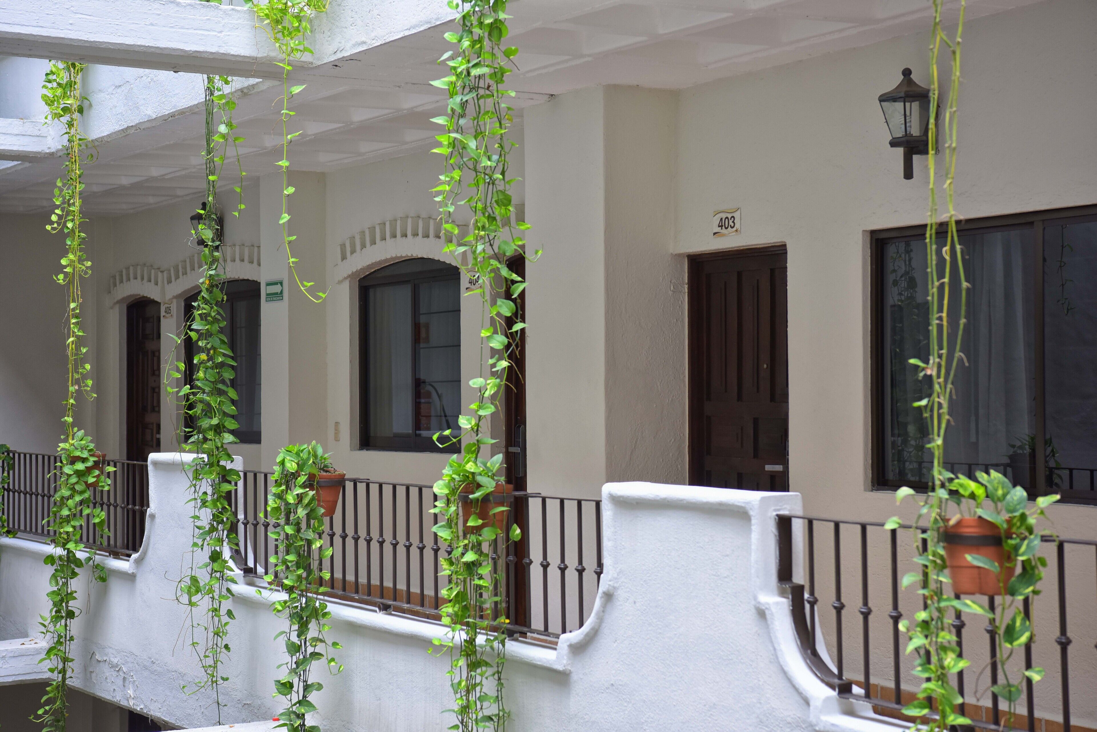 A white building with a balcony, potted plants, and a number 403 sign.