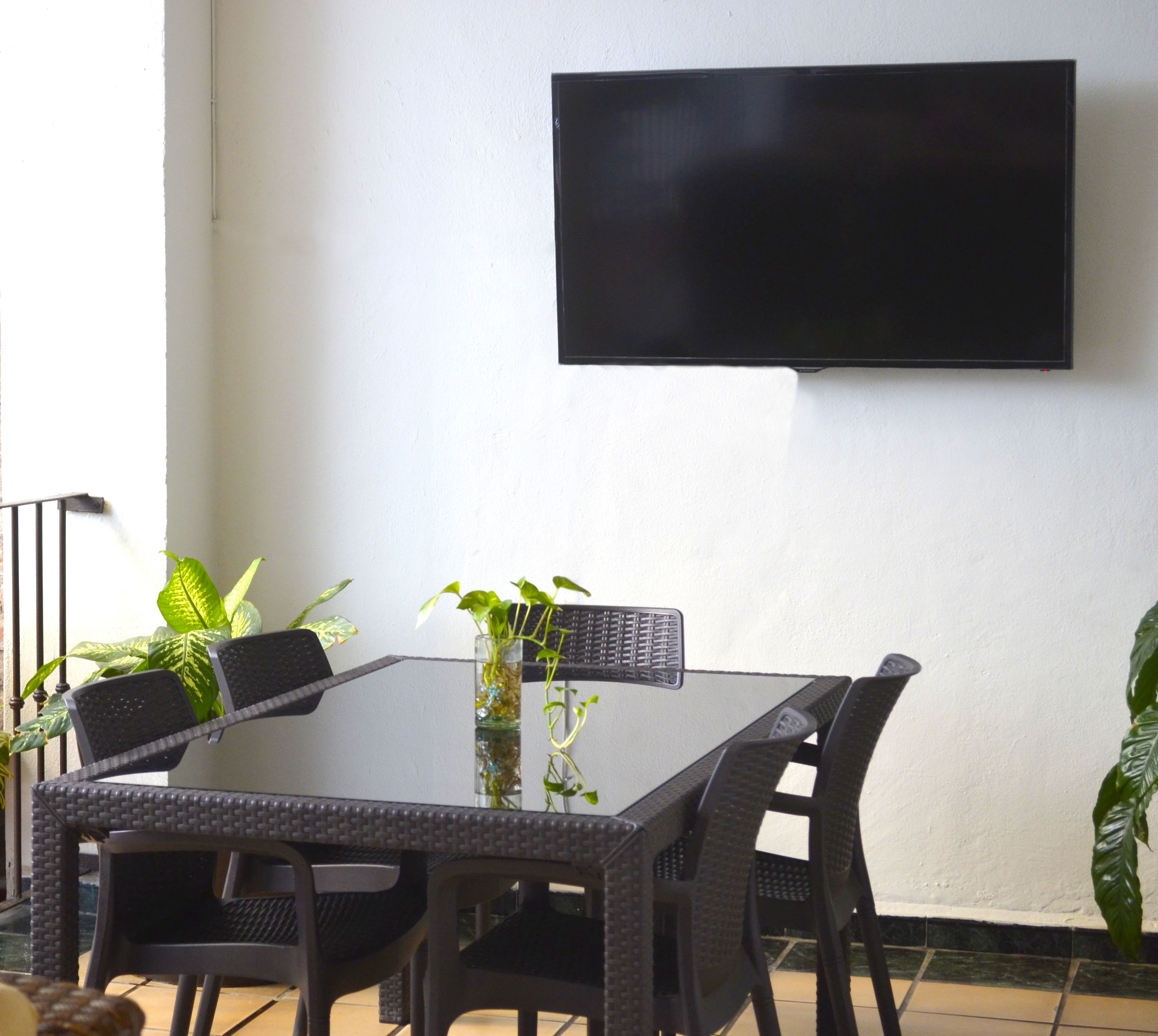 A dining area with a table and chairs, a flat-screen TV mounted on the wall, and potted plants.