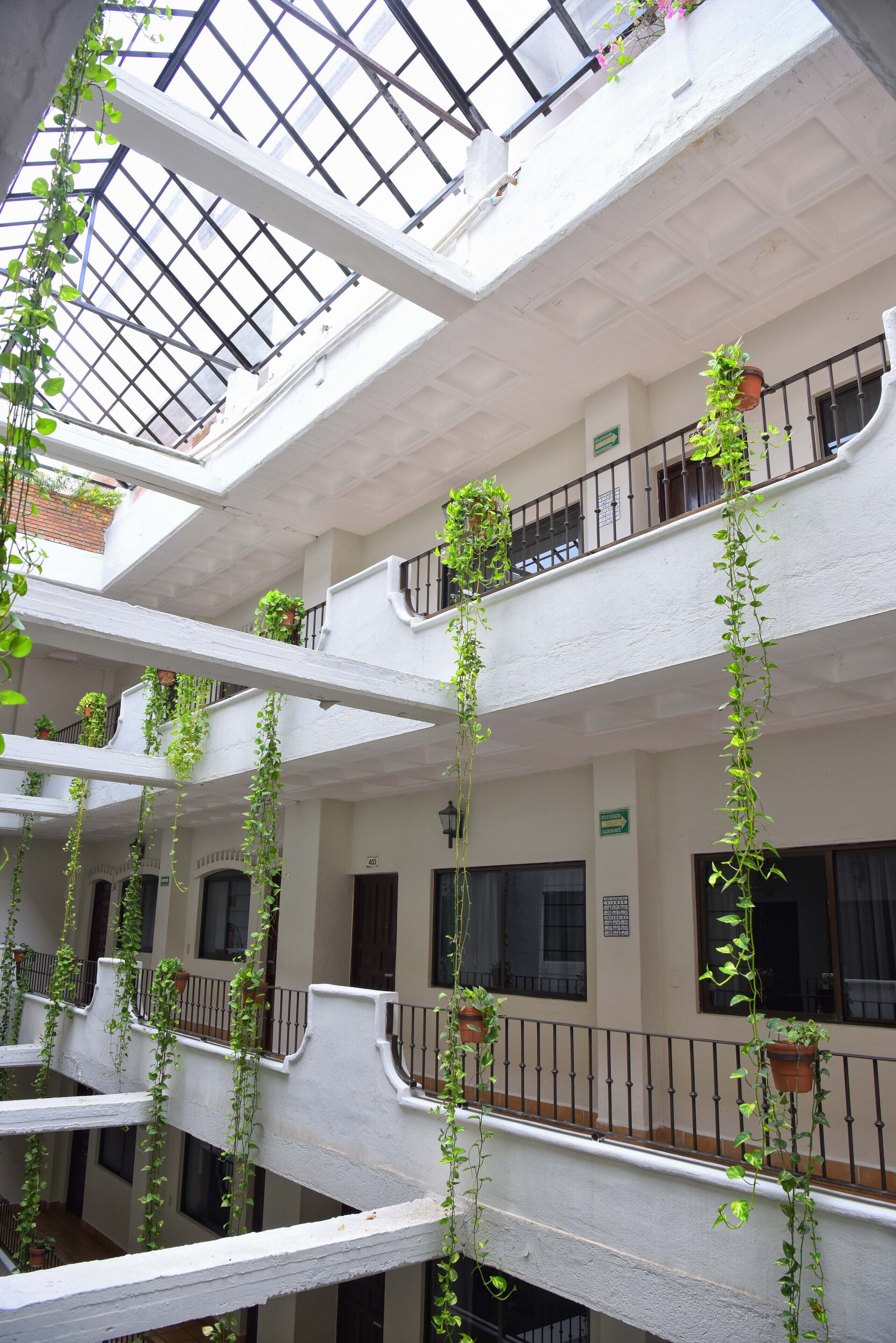 A multi-level atrium with white walls and balconies, featuring hanging plants and a glass ceiling.