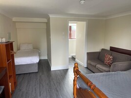 Una habitación con una cama, un sofá y un cabecero de madera. Hay una puerta que da a otra habitación.