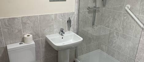 A bathroom with a toilet, sink, and glass shower enclosure.