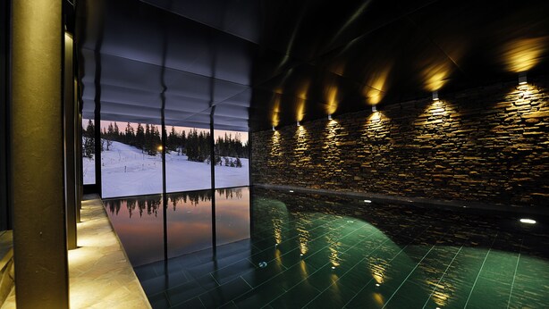 An indoor swimming pool with a stone wall and a view of a snowy landscape.