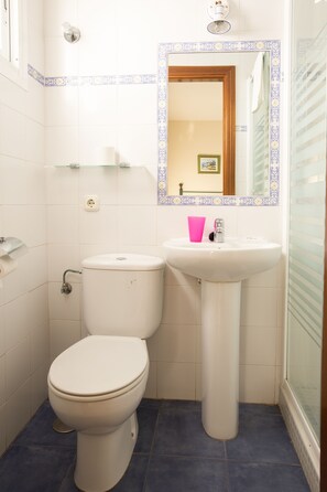 A bathroom with a toilet, sink, and mirror. - Hostal El Gallo (Marbella)