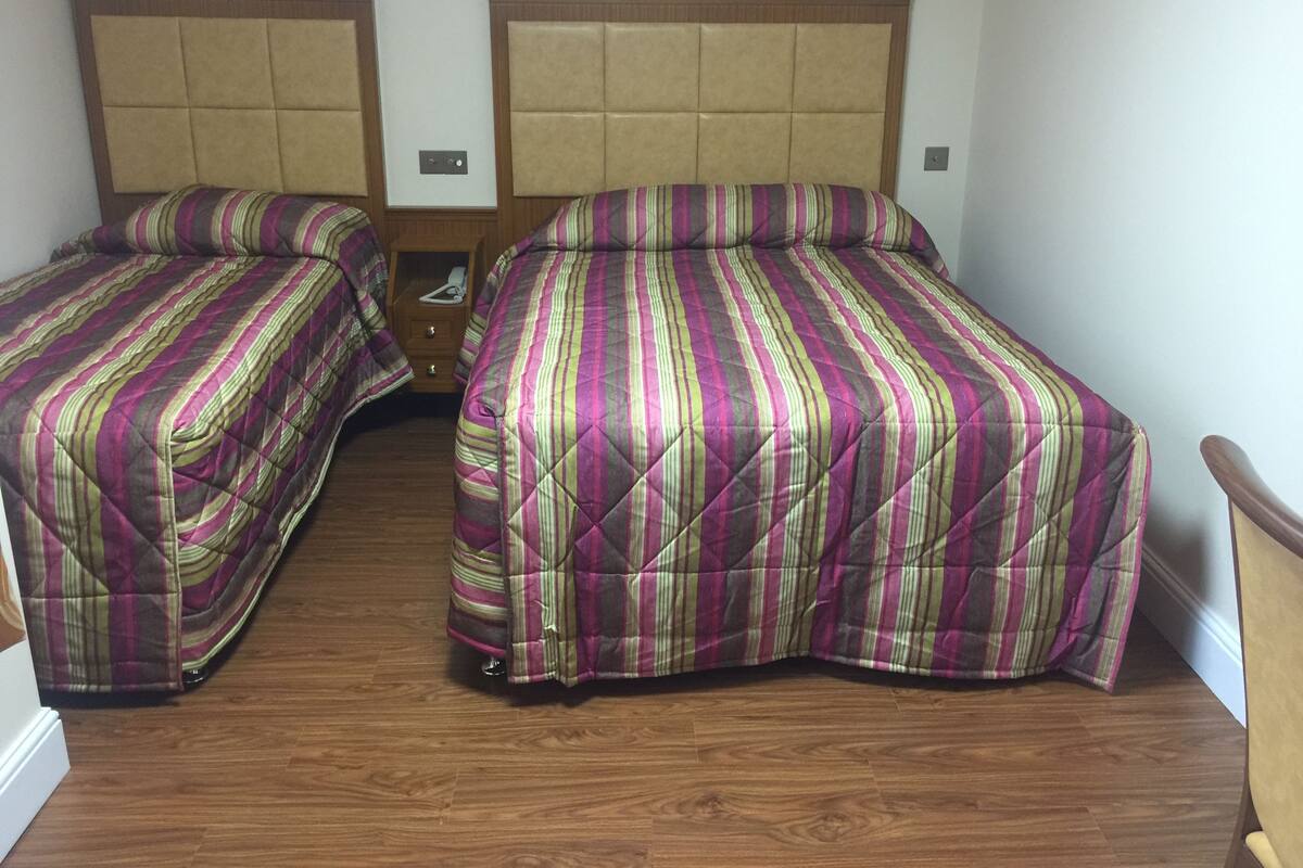 Two single beds with striped bedding, wooden headboards, a wooden nightstand, and a wooden floor.