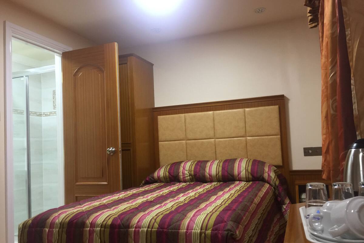 A hotel room with a bed, a wooden wardrobe, a bedside table with a kettle, and a glass shower enclosure.