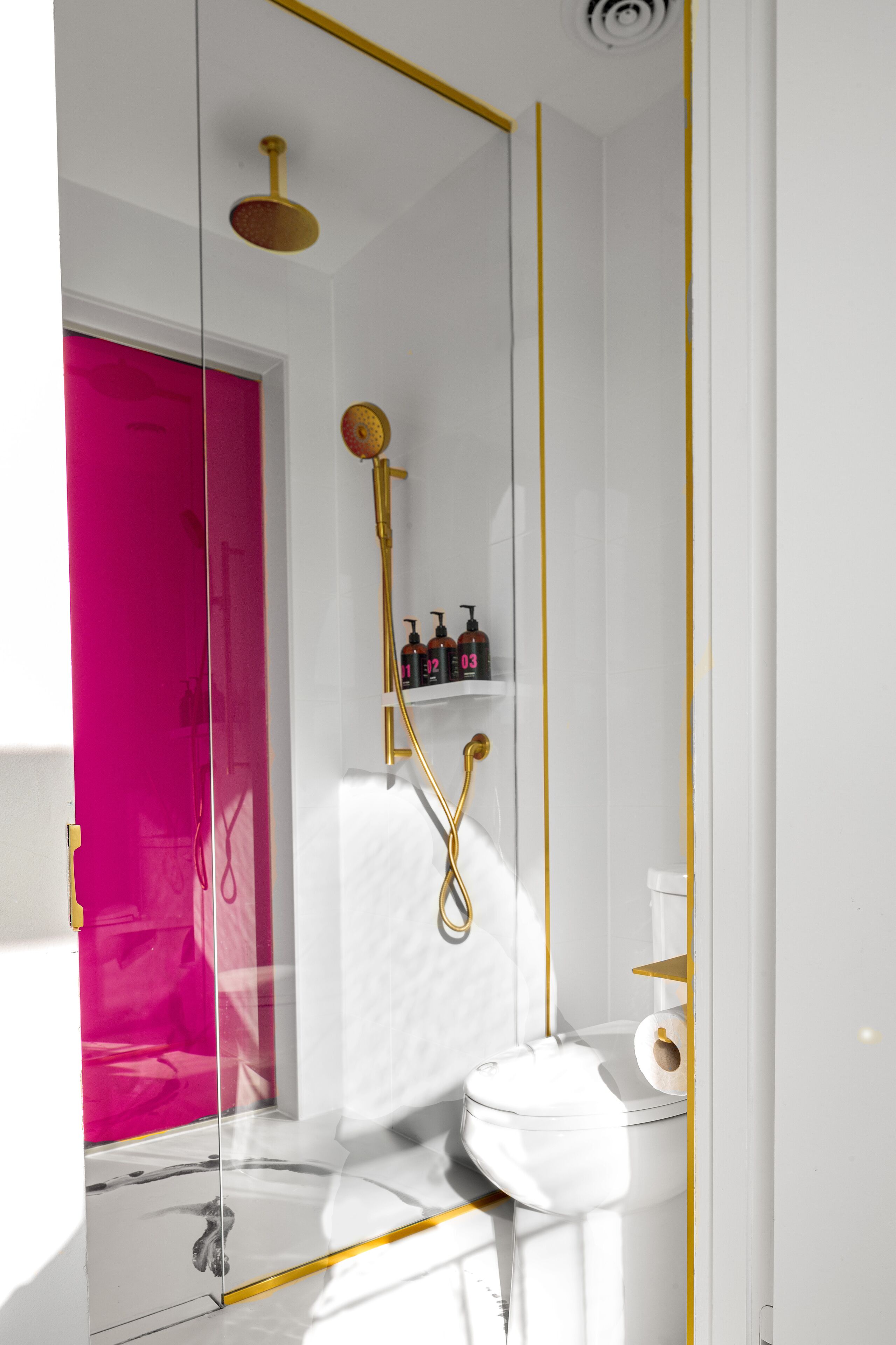 shower, rainfall showerhead, designer toiletries, hair dryer