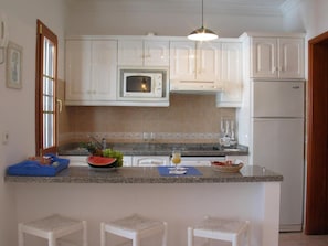 Full-sized fridge, microwave, stovetop, dishwasher