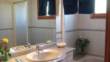 Shower, hair dryer, bidet, towels