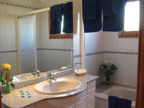 Shower, hair dryer, bidet, towels
