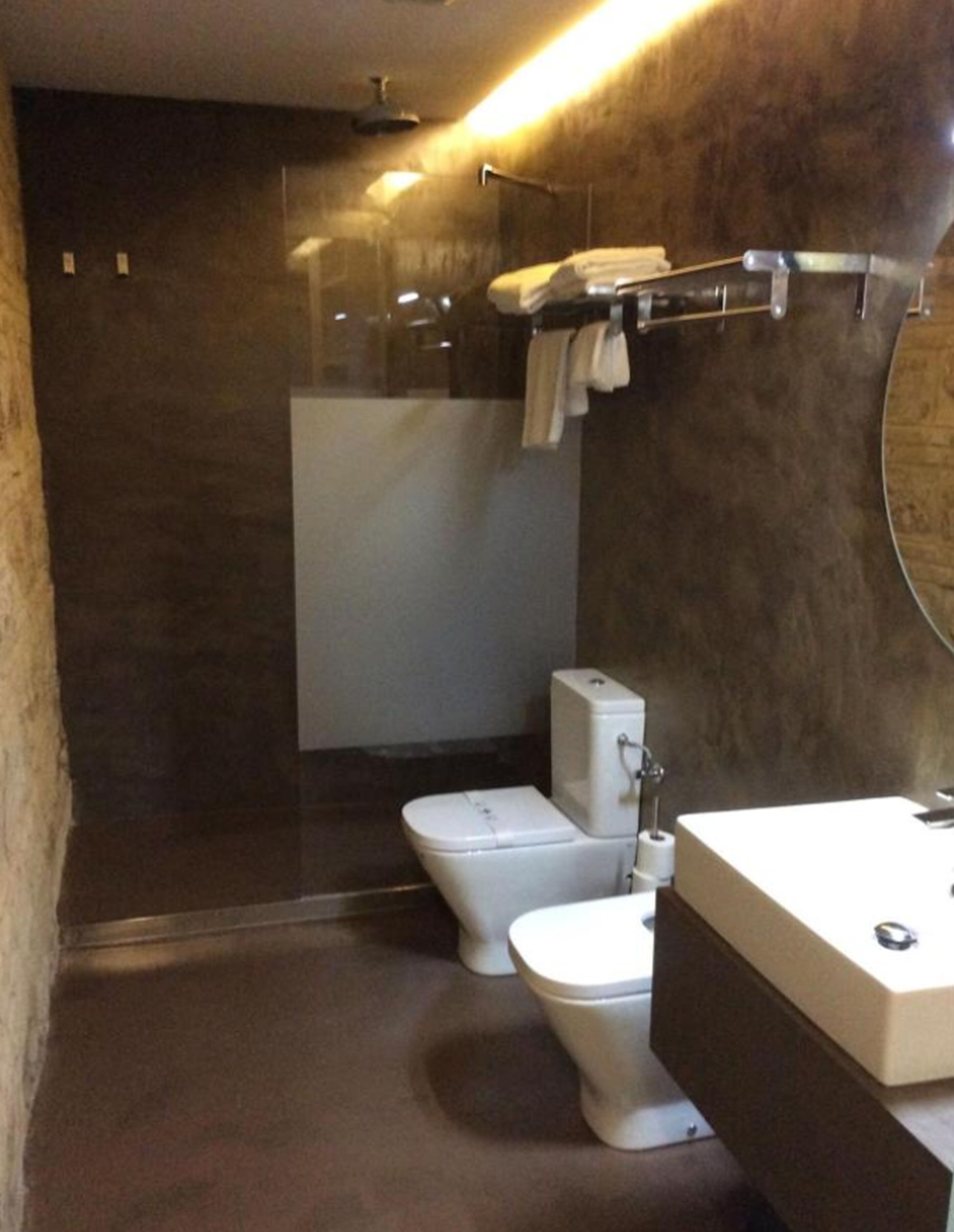 A modern bathroom with a glass-enclosed shower, a toilet, and a sink with a mirror.