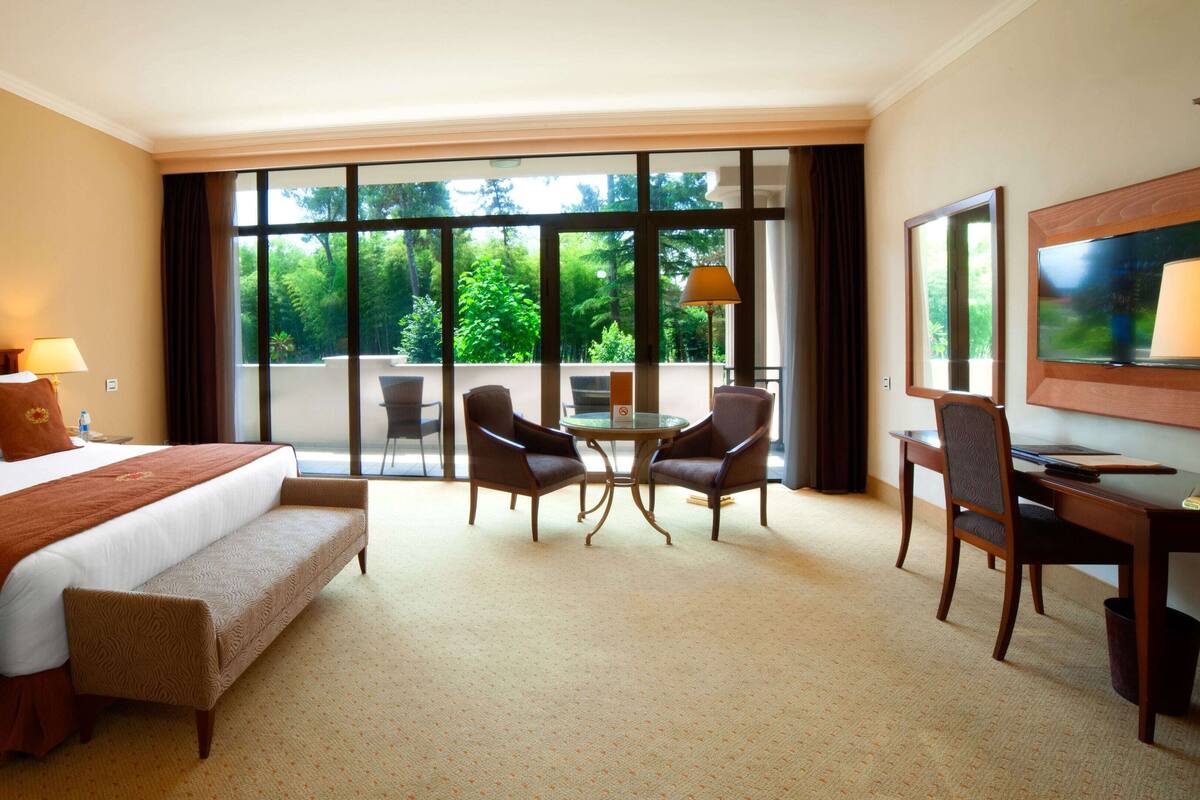 A hotel room with a bed, a desk, a chair, a table, and a large window with a view of greenery.