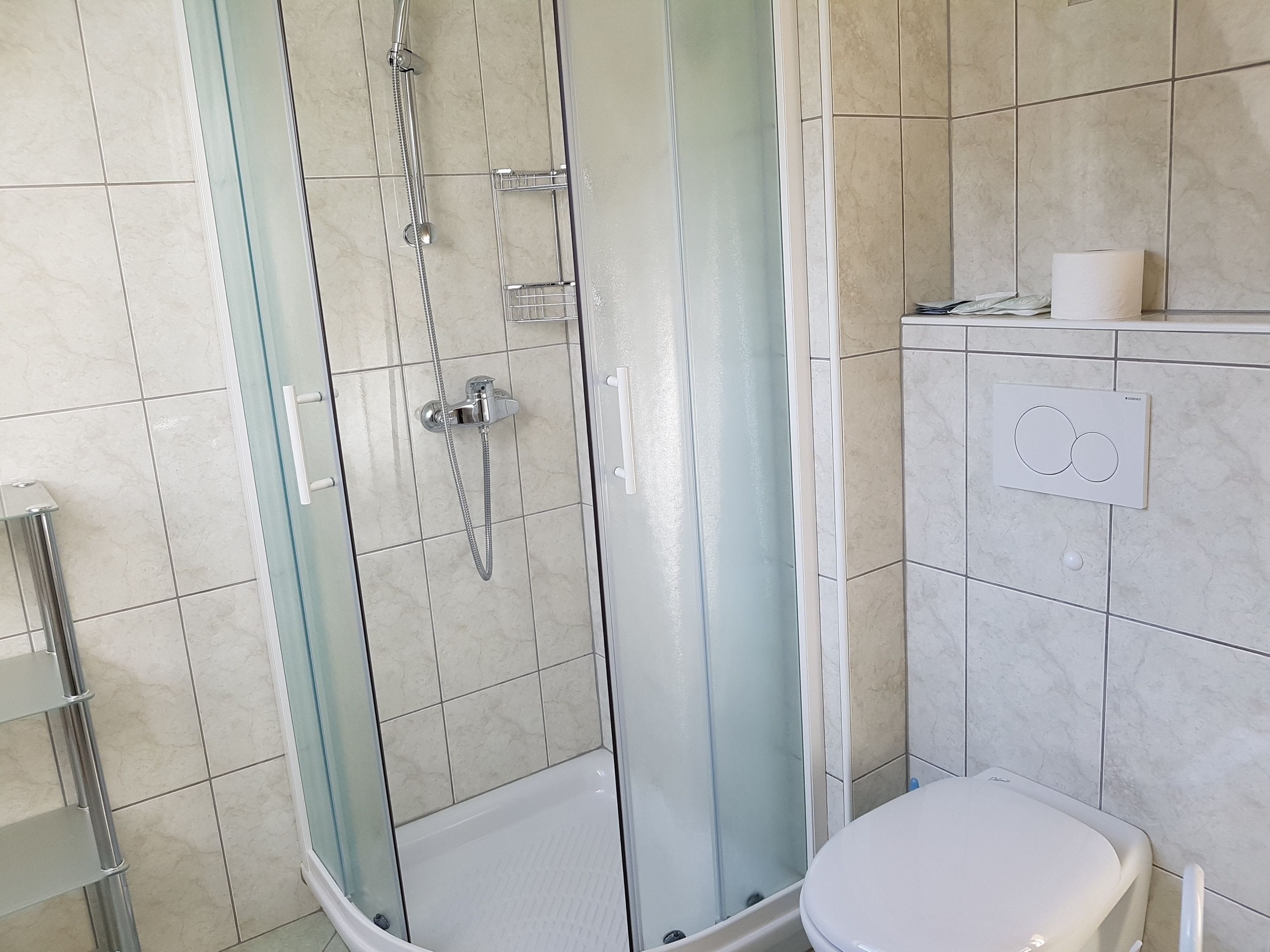 A modern bathroom with a glass-enclosed shower, a white toilet, and a towel rack.