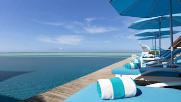 Piscina externa, guarda-sóis, espreguiçadeiras