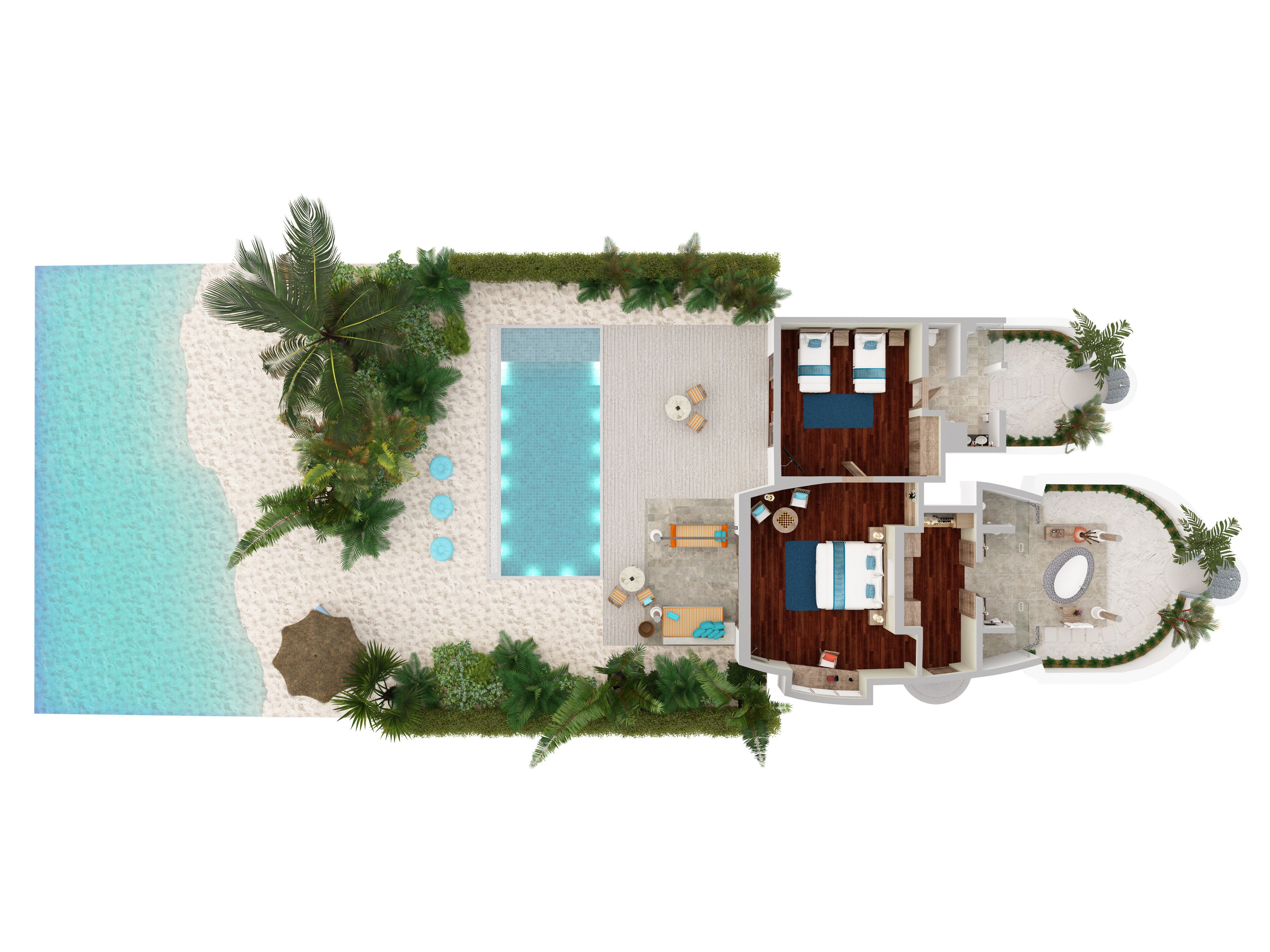 Un complexe hôtelier de deux étages doté d’une piscine, d’une terrasse ensoleillée et d’une plage privée.