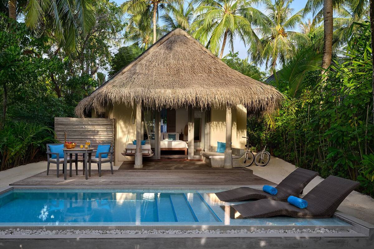 A thatched-roof hut with a pool, surrounded by lush greenery.