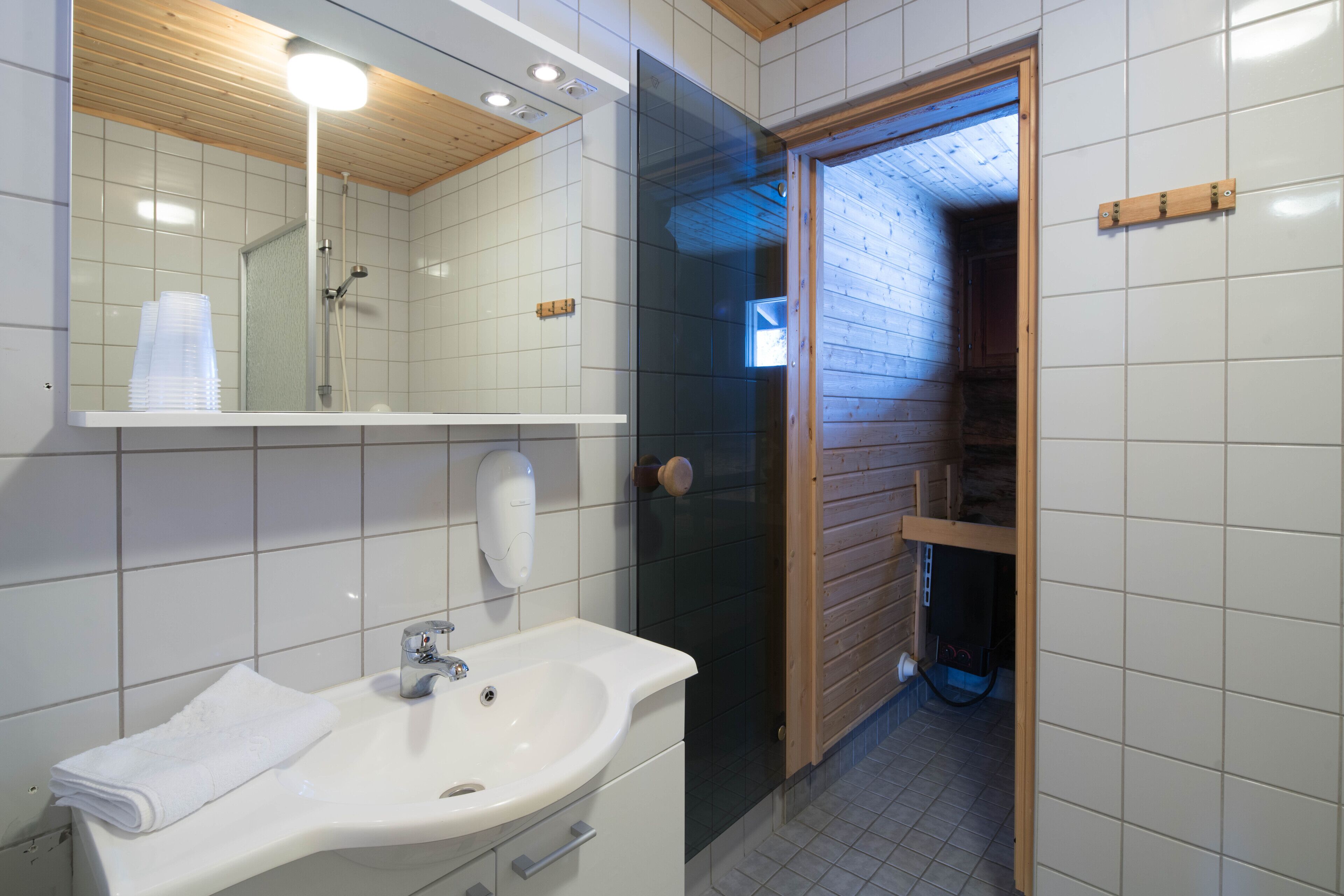 cabin, fireplace | bathroom | shower, hair dryer, towels