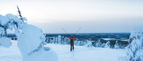 A person skiing on a snowy path with a view of the ocean in the background.