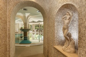 Indoor pool, outdoor pool, open 8 AM to 7 PM, pool umbrellas