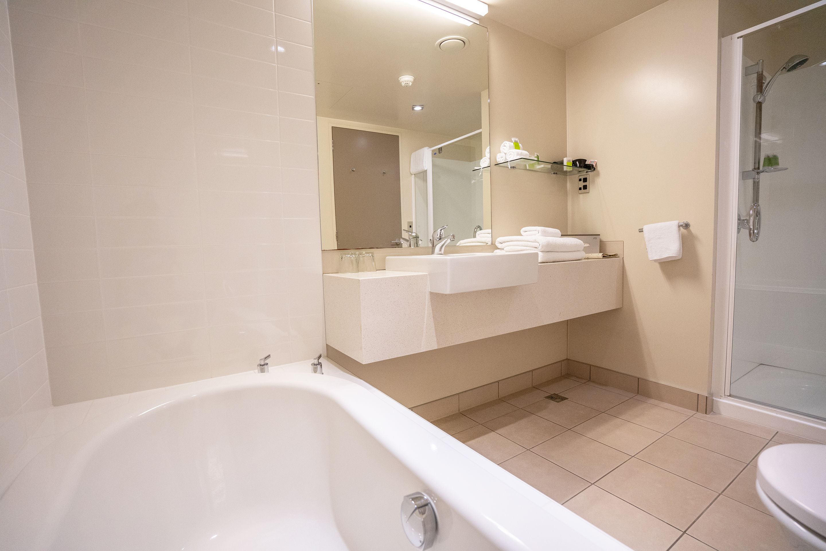 shower, free toiletries, hair dryer, towels