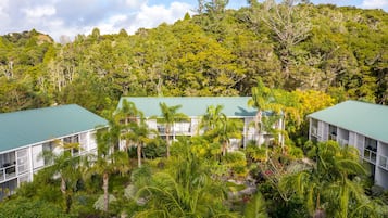 Un resort con un edificio central rodeado de abundante vegetación y varias construcciones más pequeñas con techos verdes.