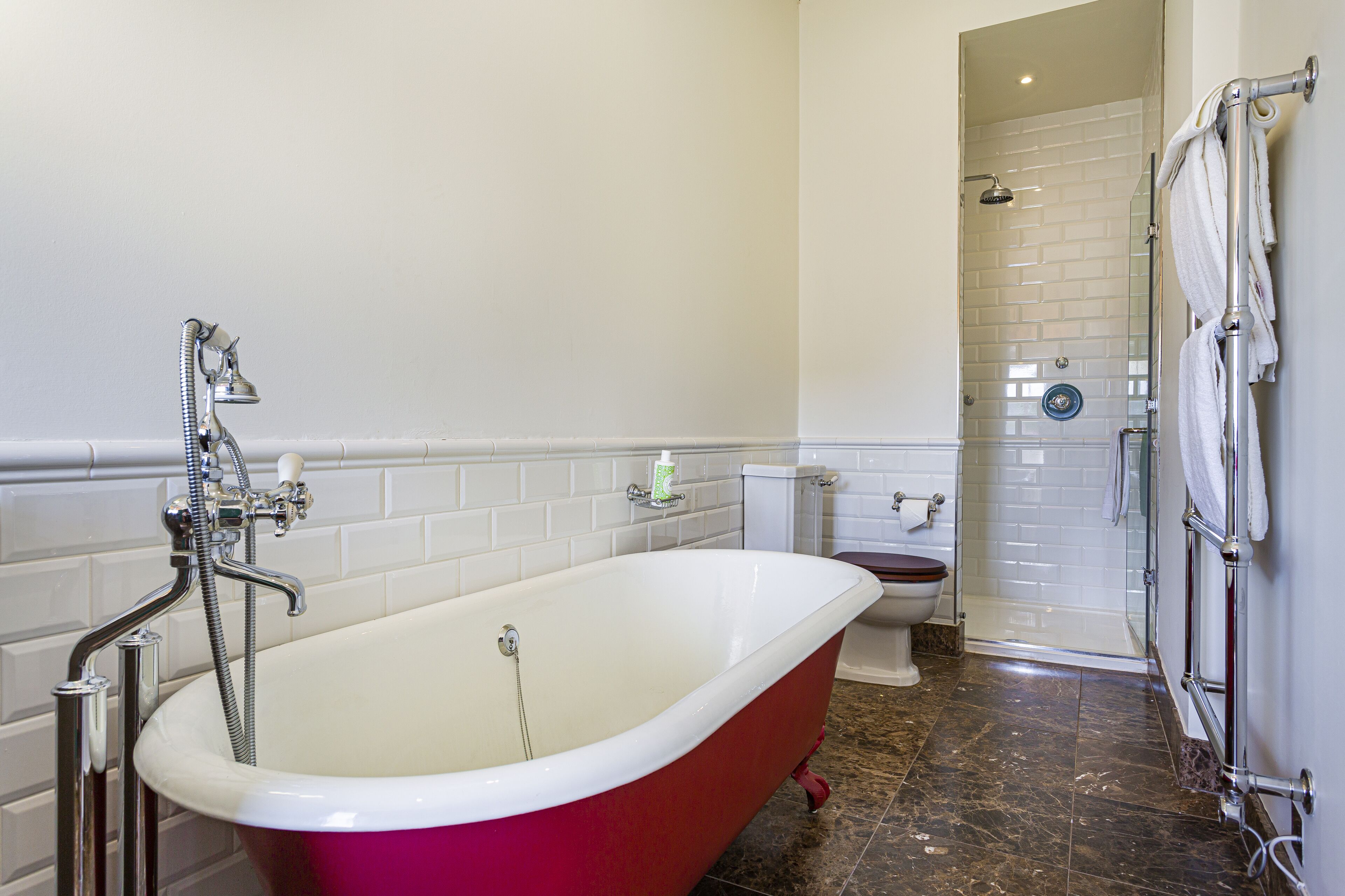 deluxe double room (four poster) | bathroom | rainfall showerhead, designer toiletries, hair dryer, bathrobes