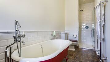 A modern bathroom with a freestanding bathtub, a toilet, and a shower area.