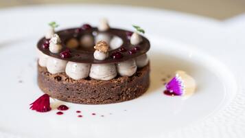 A dessert on a white plate.
