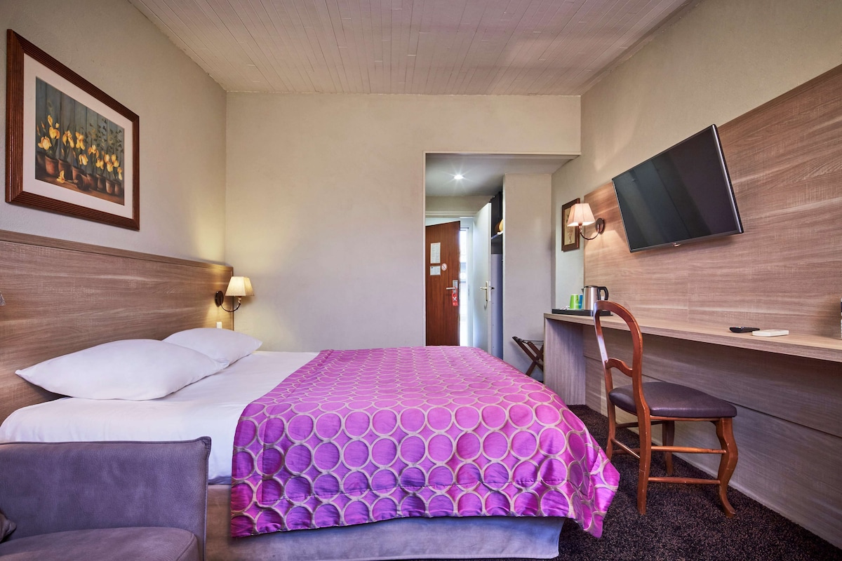 Una habitación de hotel con cama, escritorio, silla, televisor y un cuadro en la pared.
