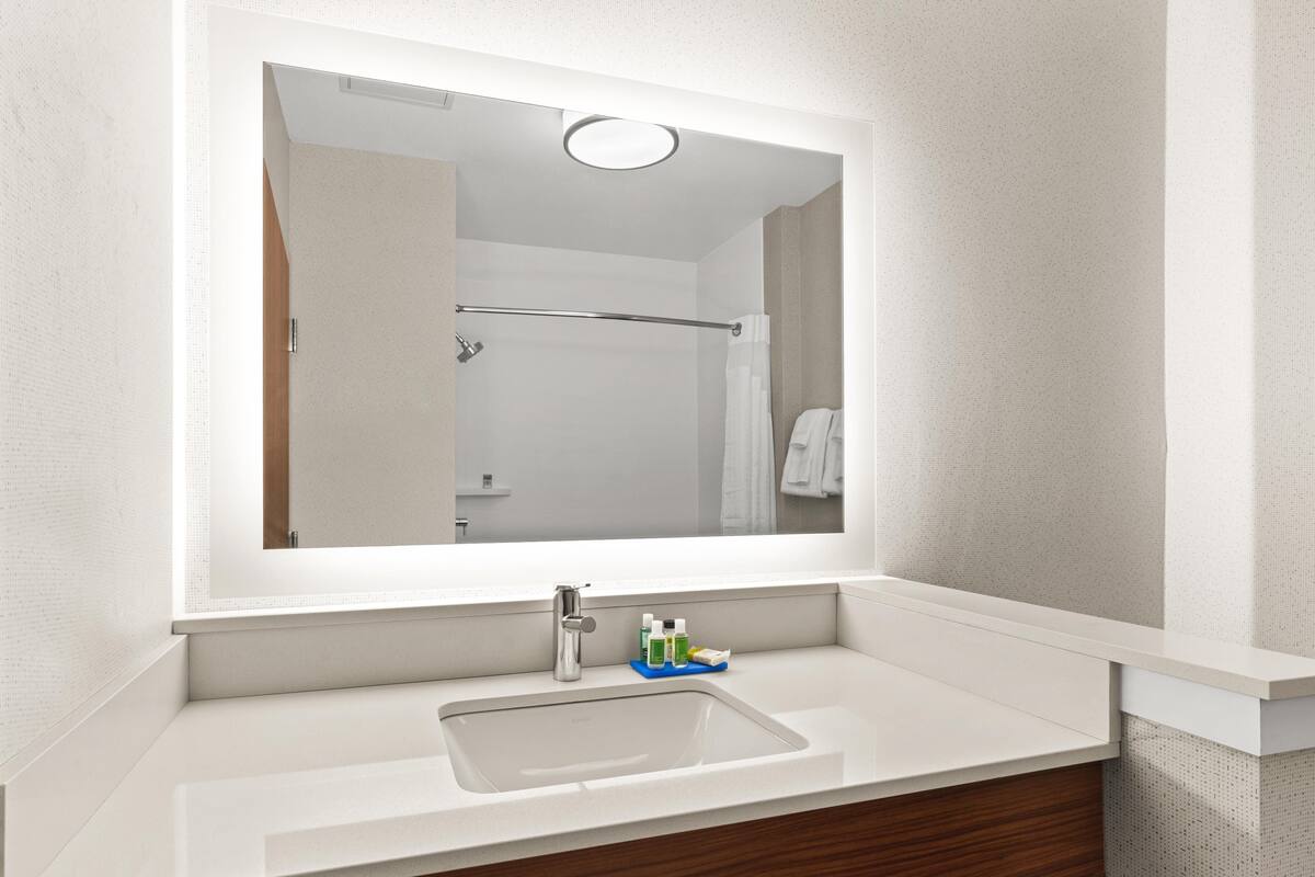 A bathroom with a large mirror, a sink, and a shower area.