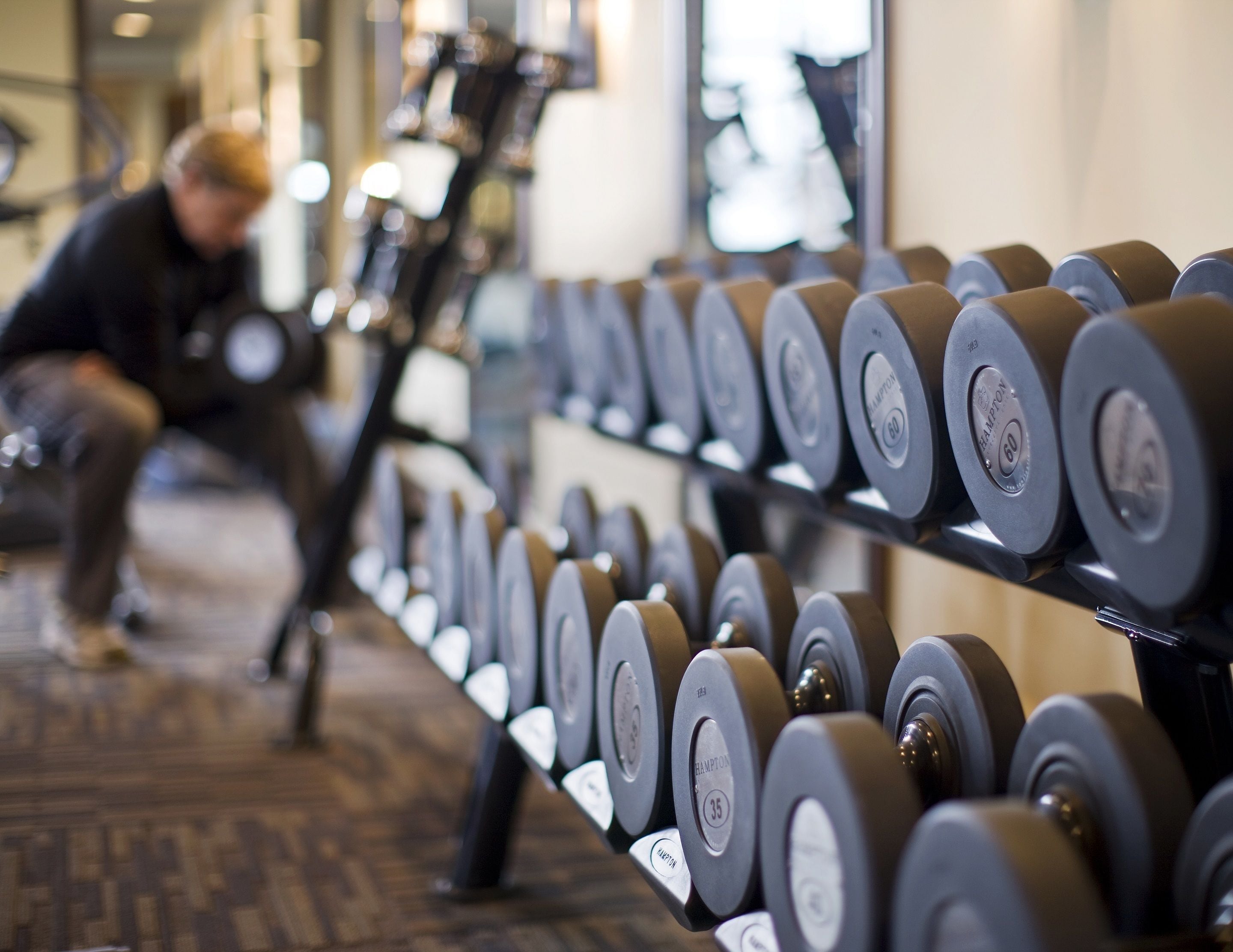 A gym with rows of dumbbells on racks.