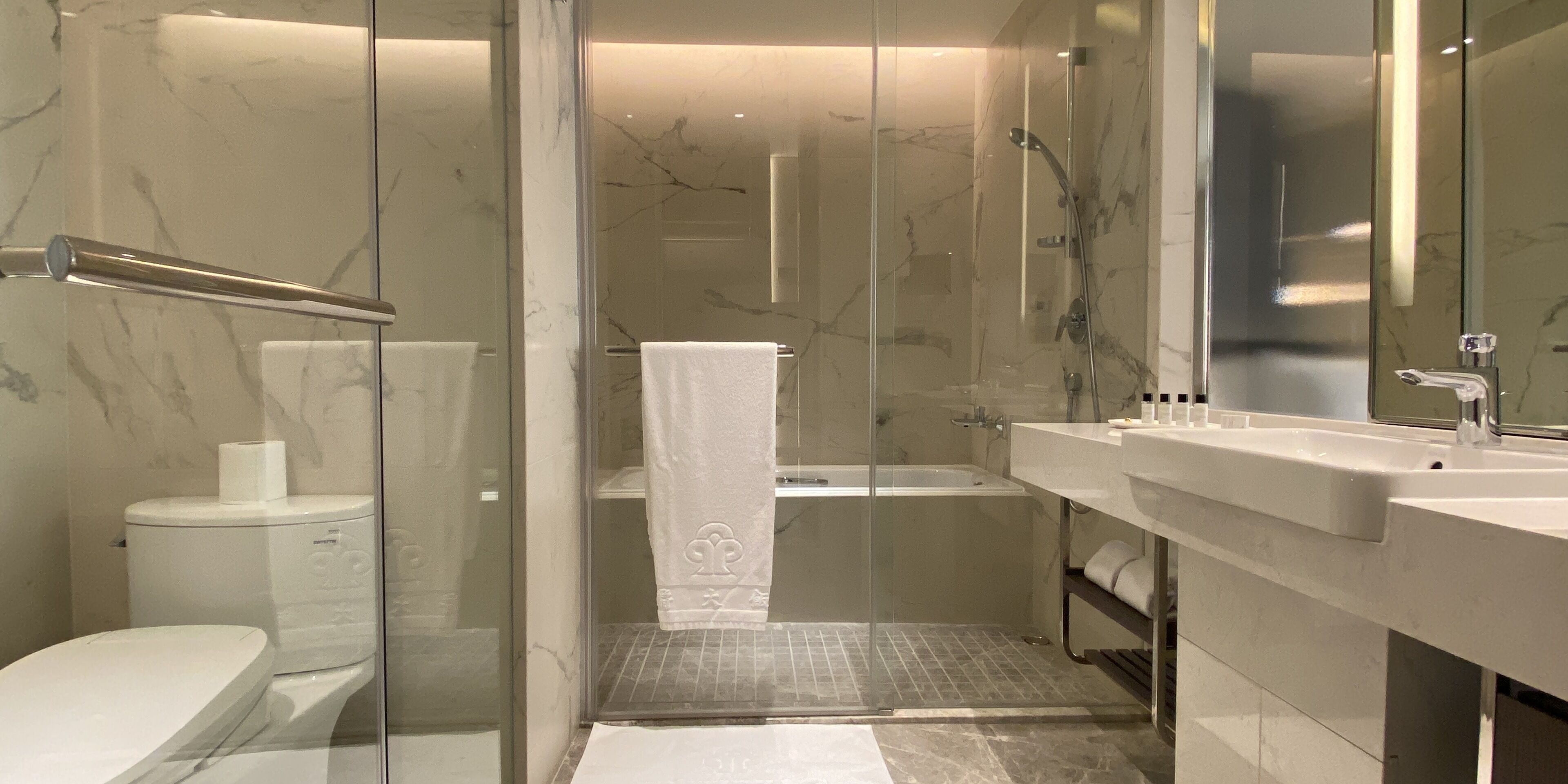 A modern bathroom with a glass-enclosed shower, a white toilet, and a large mirror above the sink.