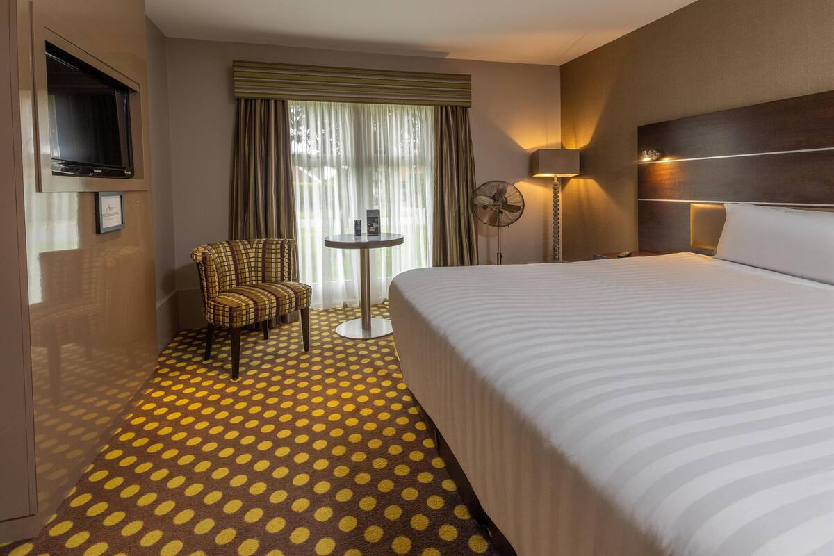 Una habitación de hotel con cama, una silla, una mesita, un televisor montado en la pared y un suelo estampado con lunares.