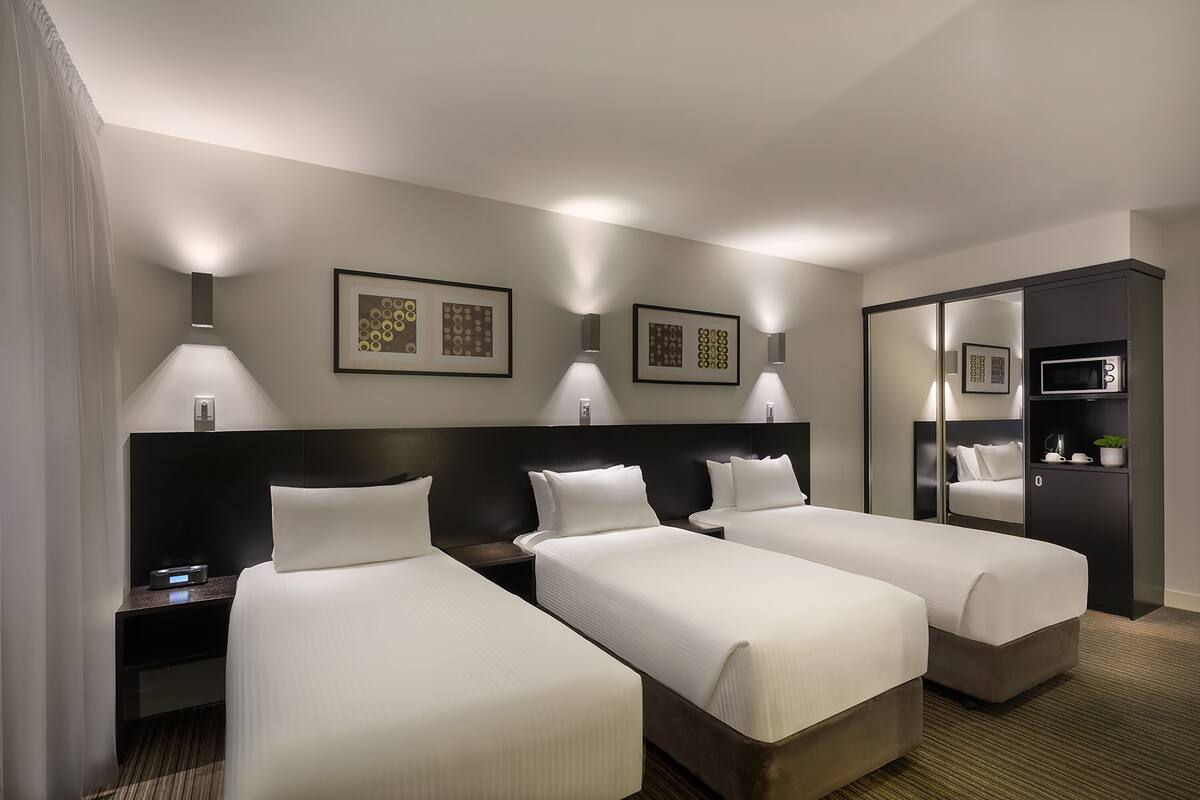 Une chambre d’hôtel avec deux lits simples, une tête de lit sombre, des tables de chevet avec des lampes, un four à micro-ondes et un petit meuble agrémenté d’une plante.