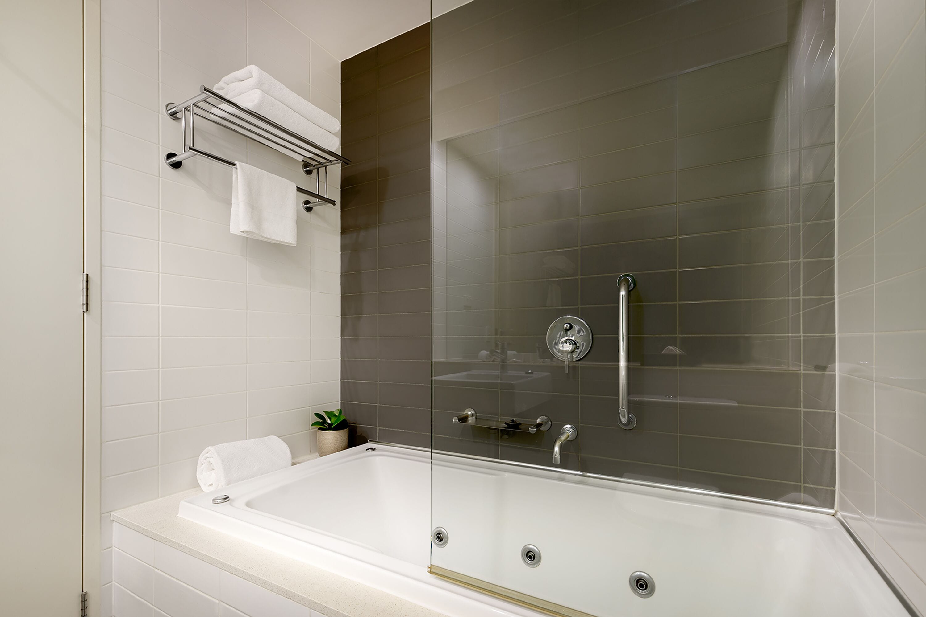 combined shower/bathtub, free toiletries, hair dryer, towels