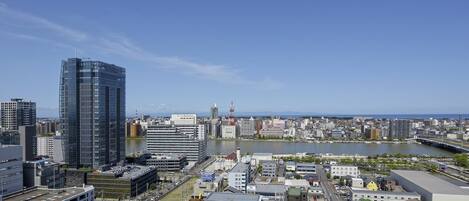 A cityscape with modern buildings, a river, and a bridge.