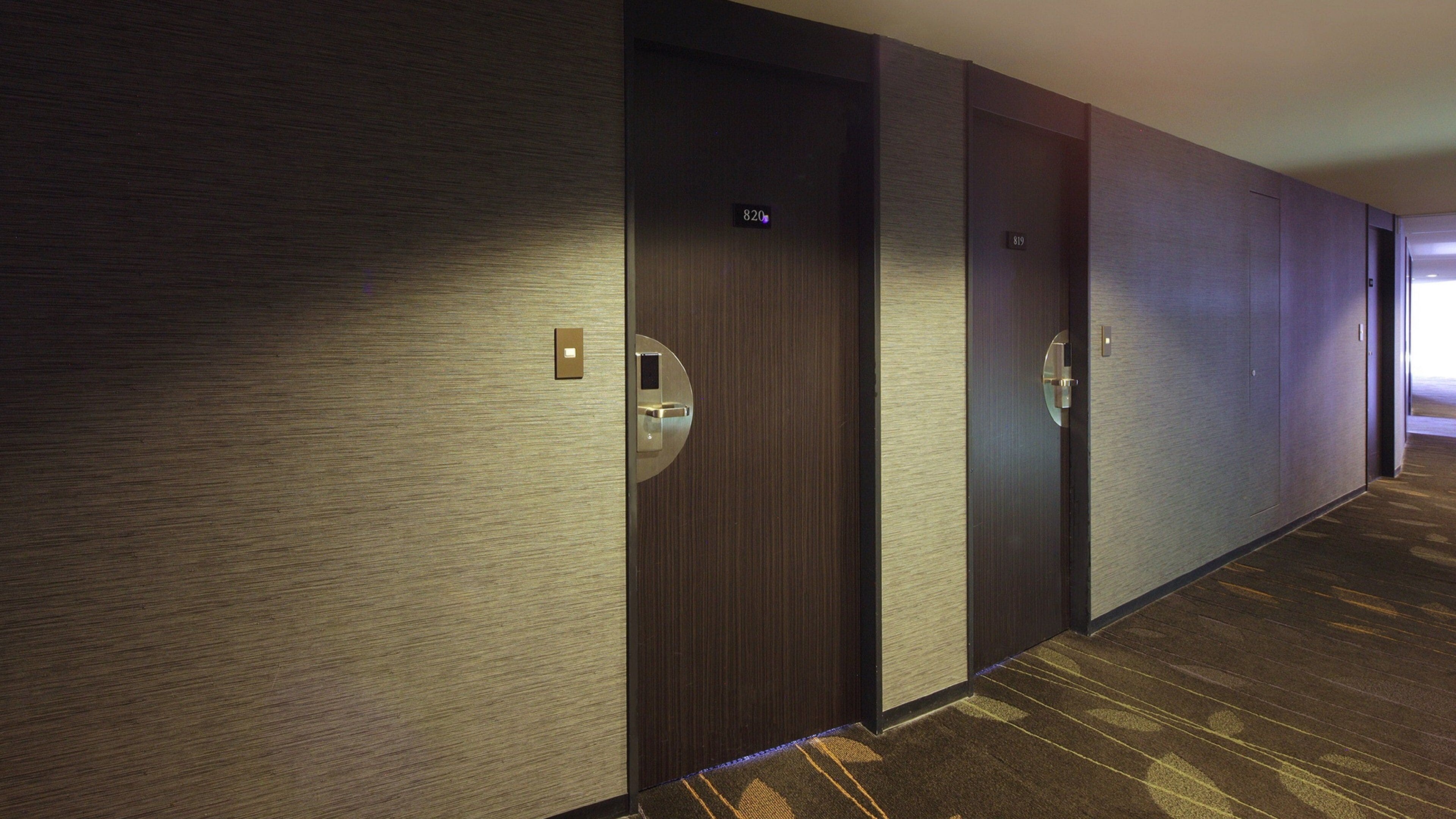 A hotel corridor with doors labeled 820 and 819, carpeted flooring, and a modern design.