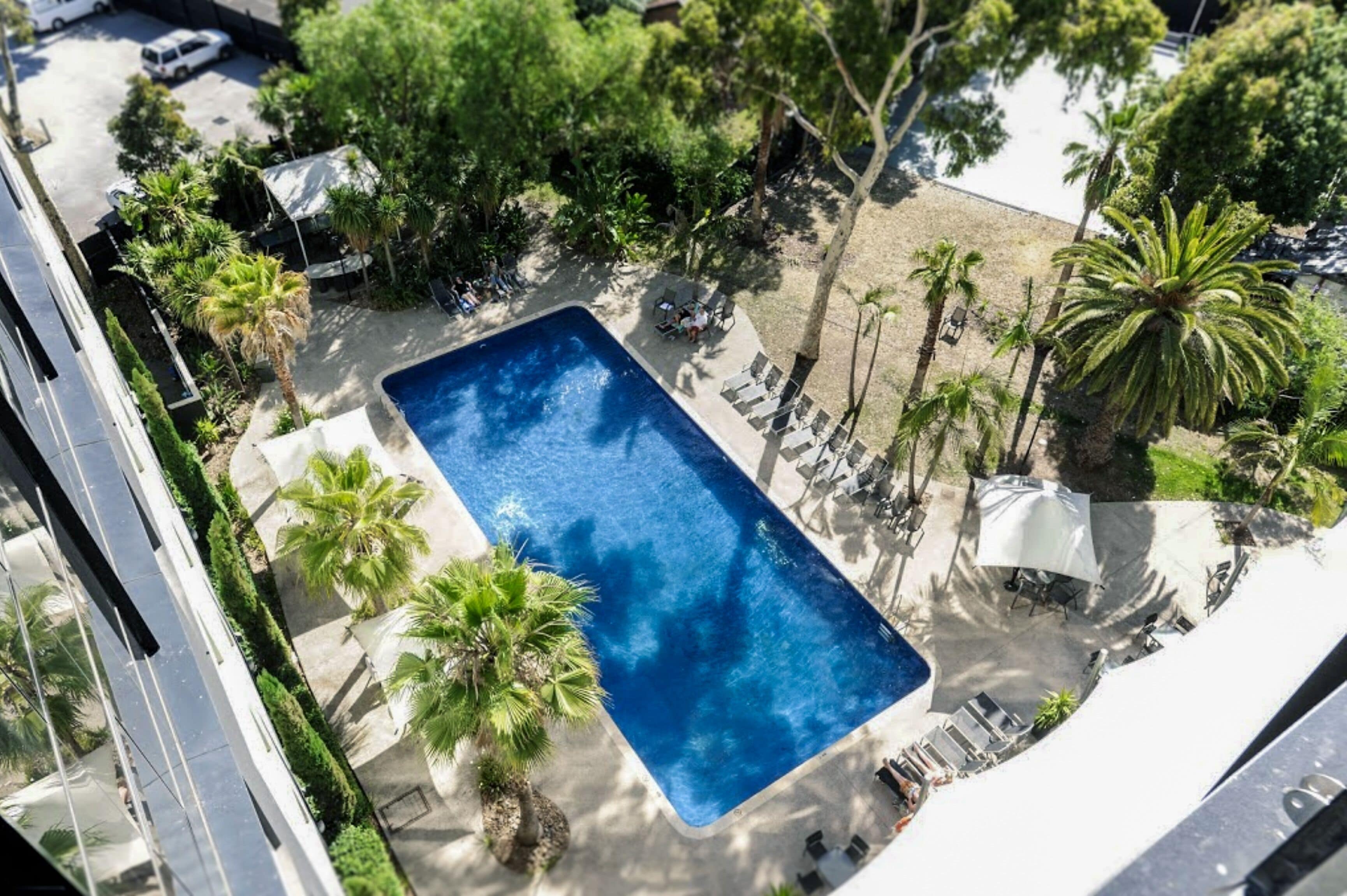 outdoor pool, pool umbrellas
