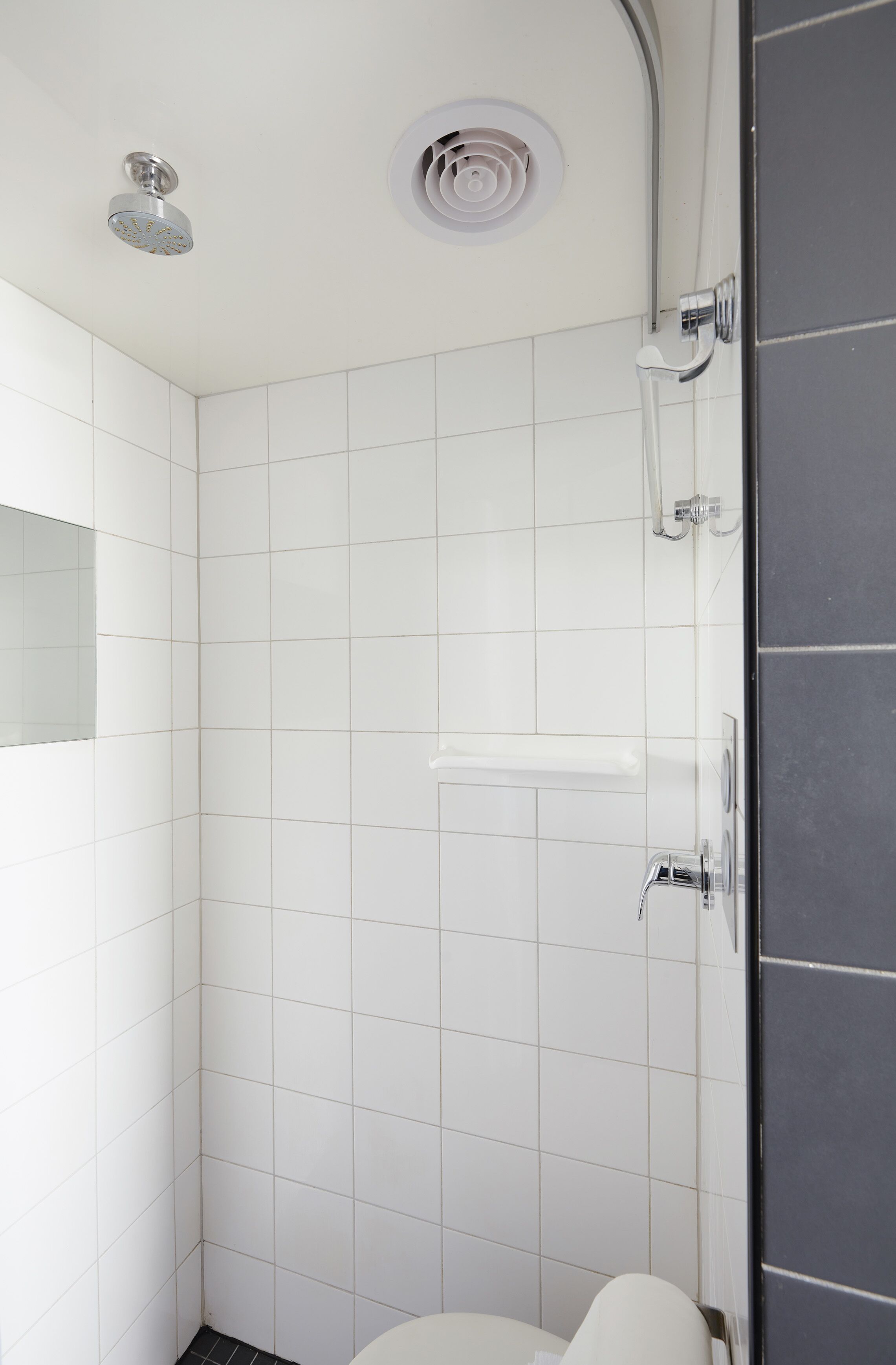 A modern bathroom with white tiles, a shower with a handheld showerhead, and a toilet.