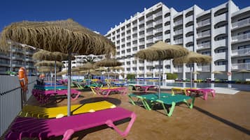 Outdoor pool, pool umbrellas, pool loungers