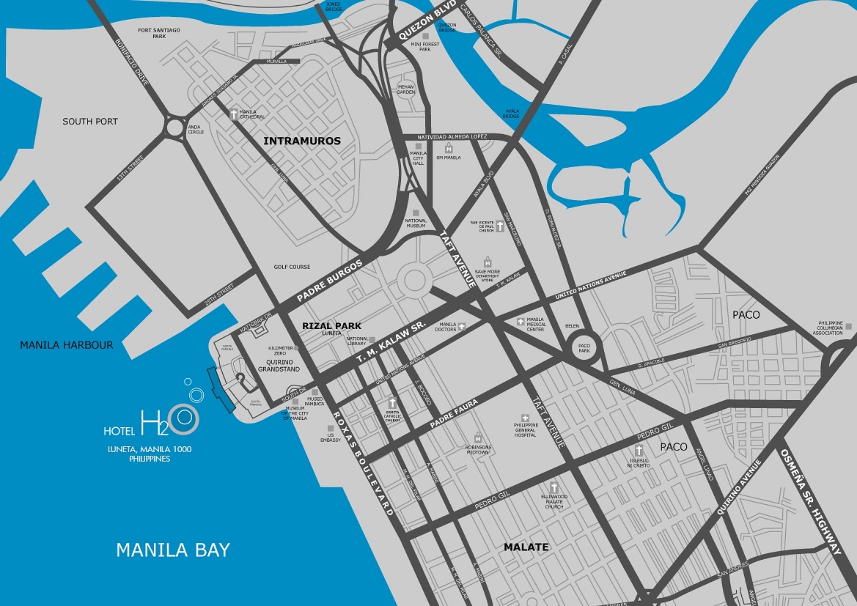 A detailed map of Manila Bay area highlighting key locations like Intramuros, Manila Harbour, and landmarks such as Rizal Park and Manila Cathedral.