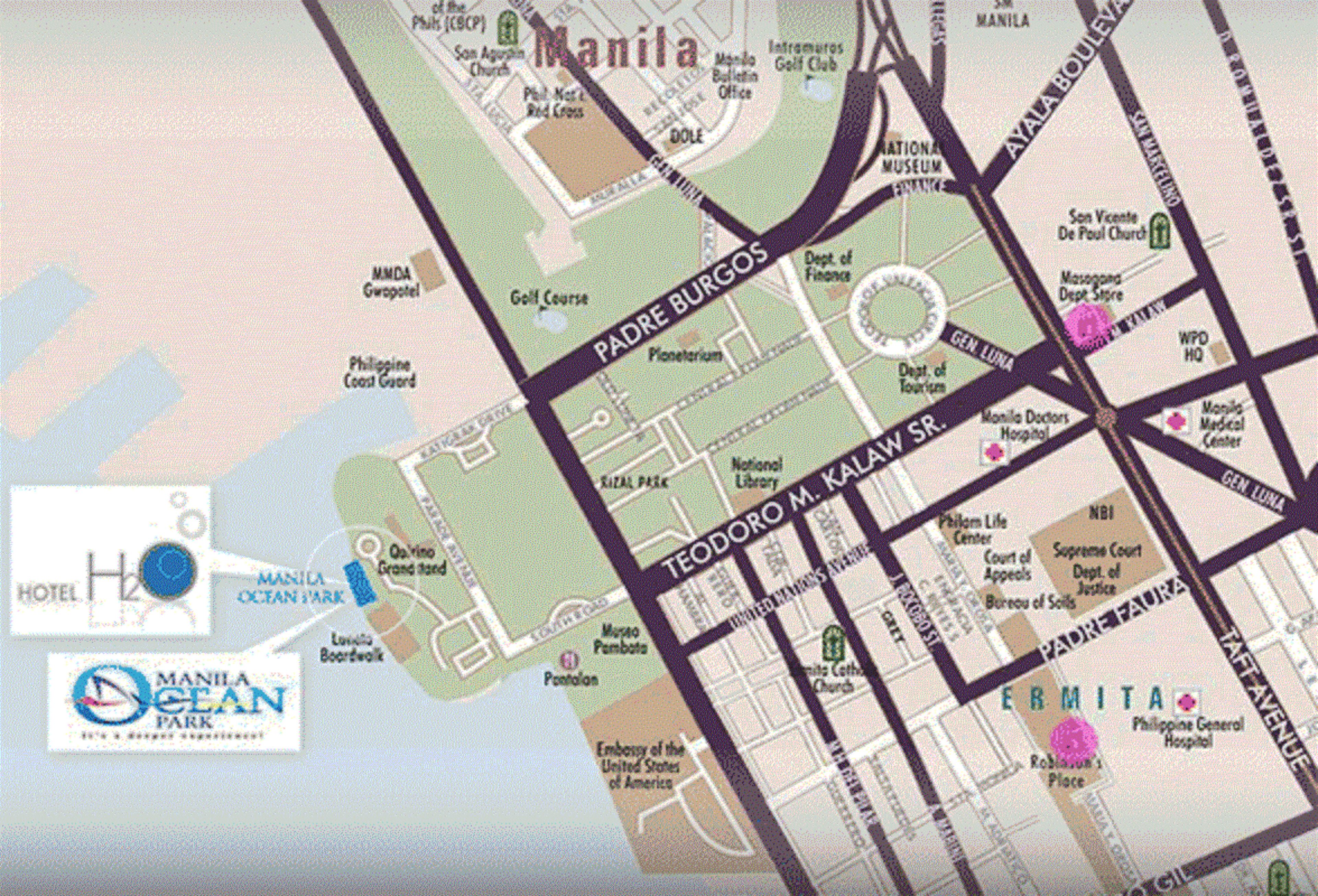 A map of Manila highlighting key areas like Manila Ocean Park, Manila Hotel, and landmarks such as the Philippine General Hospital.