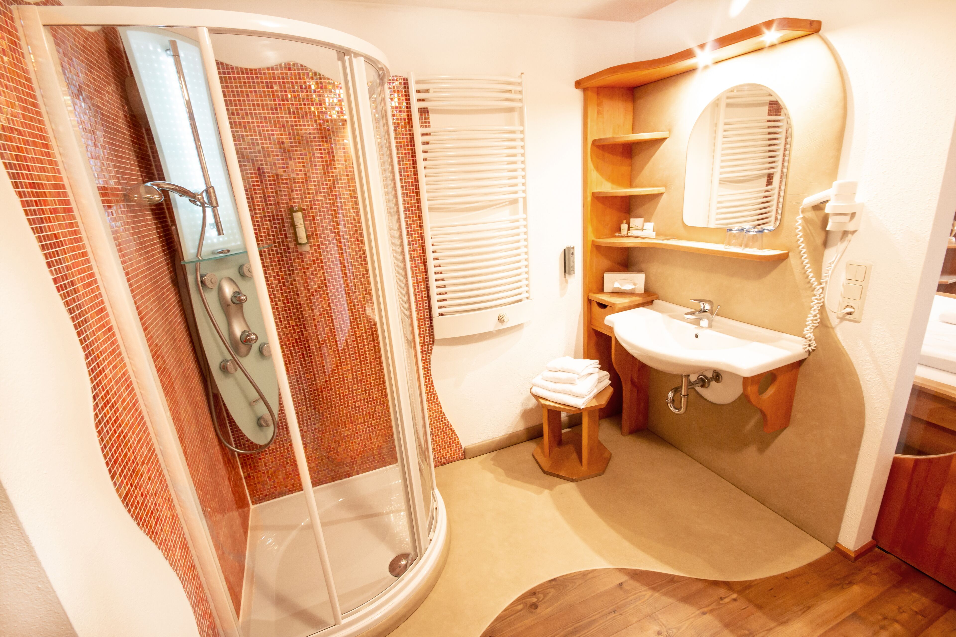 traditional double room | bathroom | shower, designer toiletries, hair dryer, towels