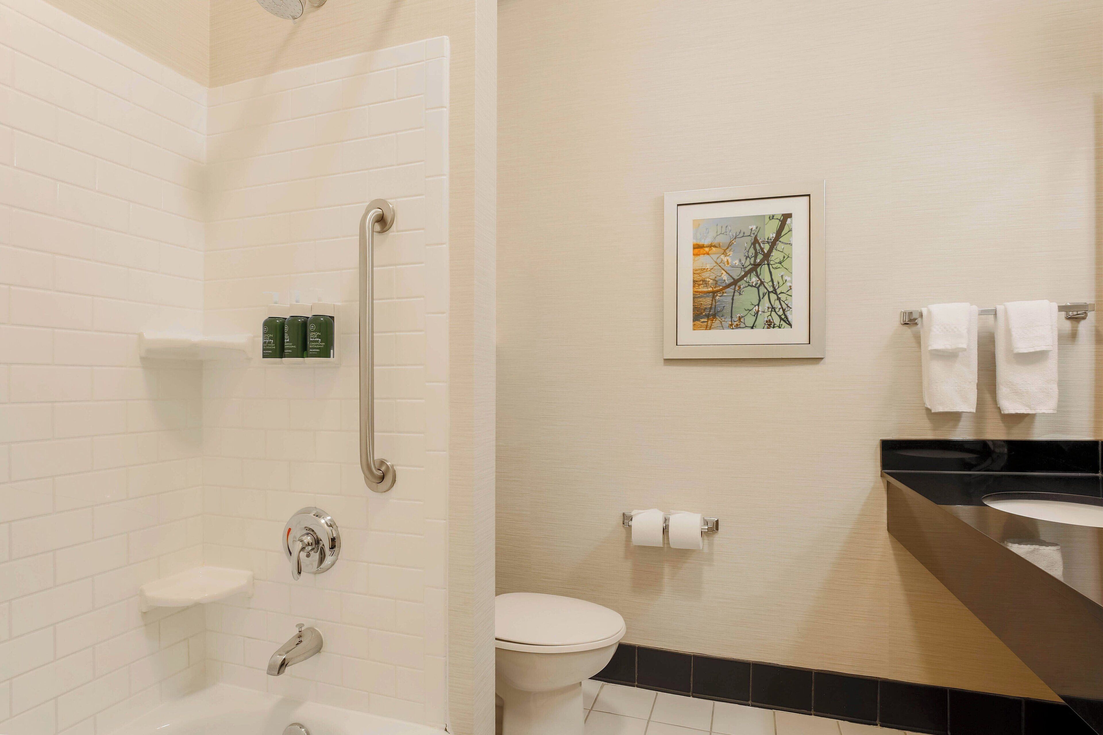 free toiletries, hair dryer, towels