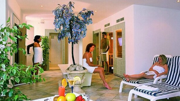 A sunlit indoor patio with a dining table set with fruit and a decorative tree. - Edelweiß (Goetzens)