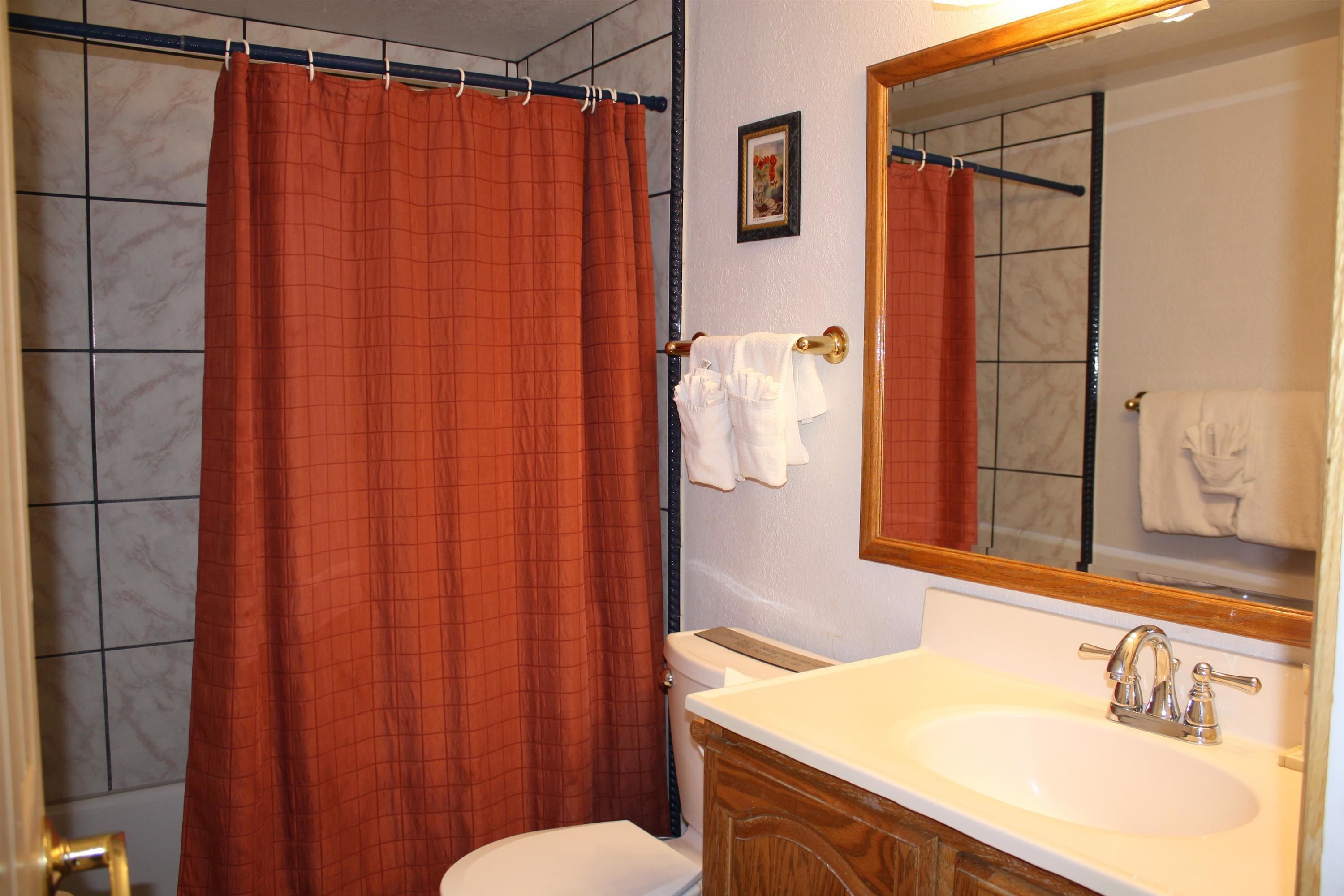 Une salle de bain avec un lavabo blanc, un miroir et un rideau de douche.