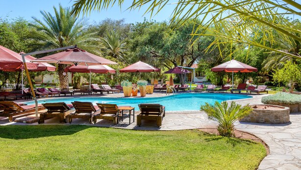 A pool area with lounge chairs and umbrellas, surrounded by greenery. - Namib Desert Lodge (Sesriem)