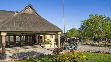 A building with a thatched roof, a covered entrance, and a paved driveway.