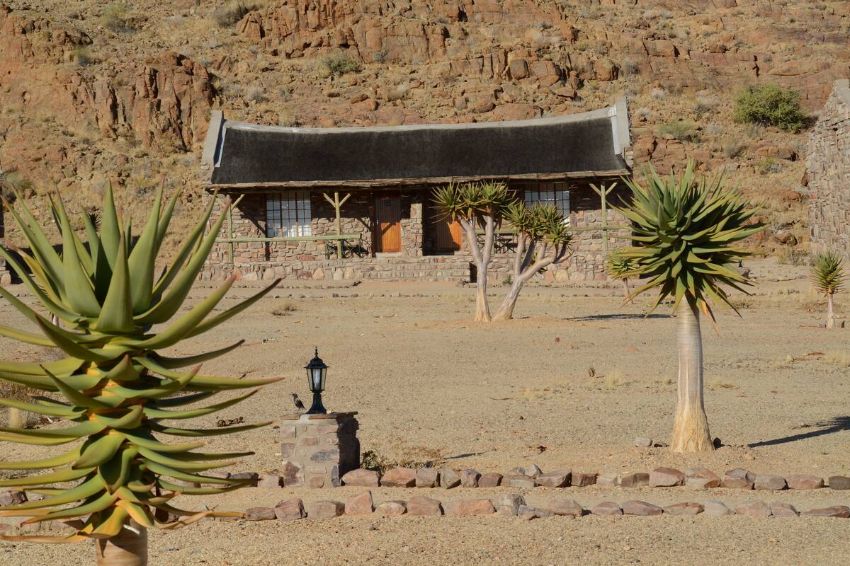 A traditional building with a thatched roof, surrounded by desert vegetation and a rocky hillside.