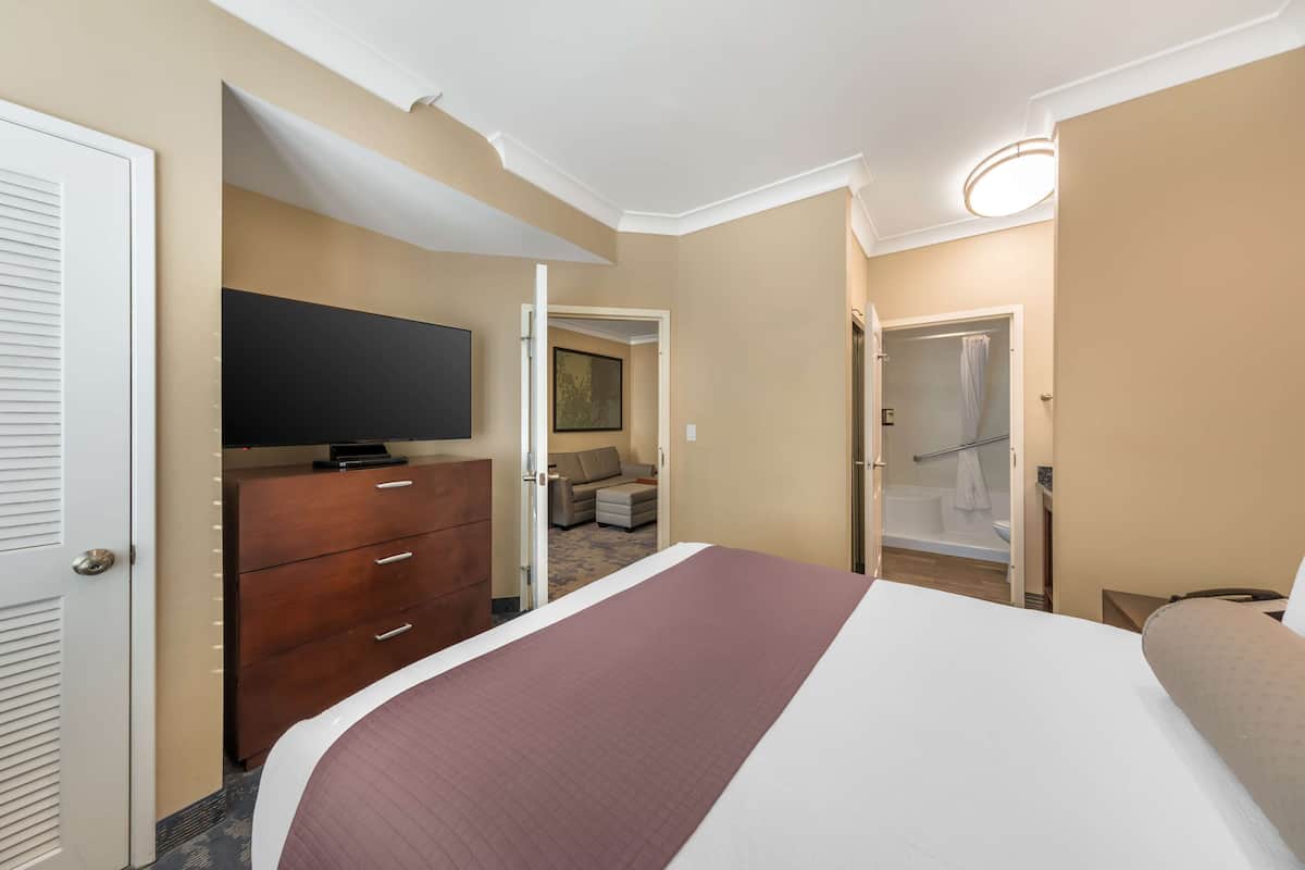 A hotel room with a bed, a TV on a dresser, a sofa, and a bathroom with a shower and toilet.