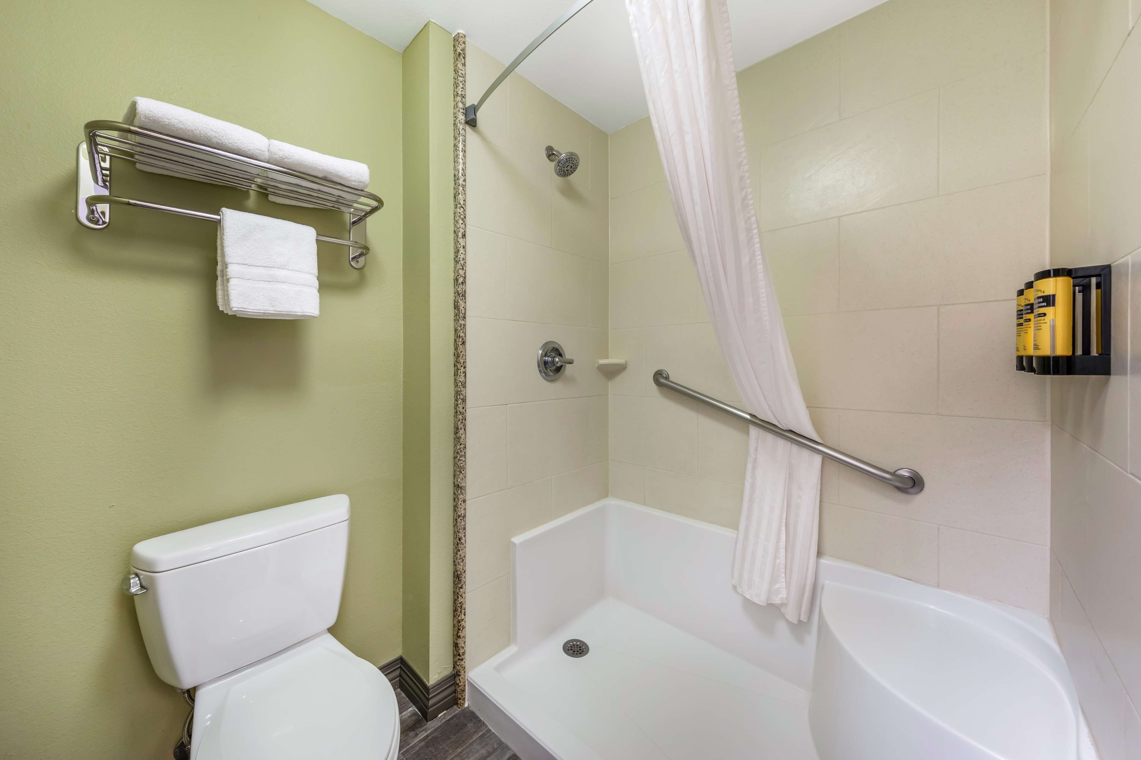 suite, 1 king bed, non smoking, refrigerator & microwave (larger room;with sofabed) | bathroom | combined shower/bathtub, designer toiletries, hair dryer, towels
